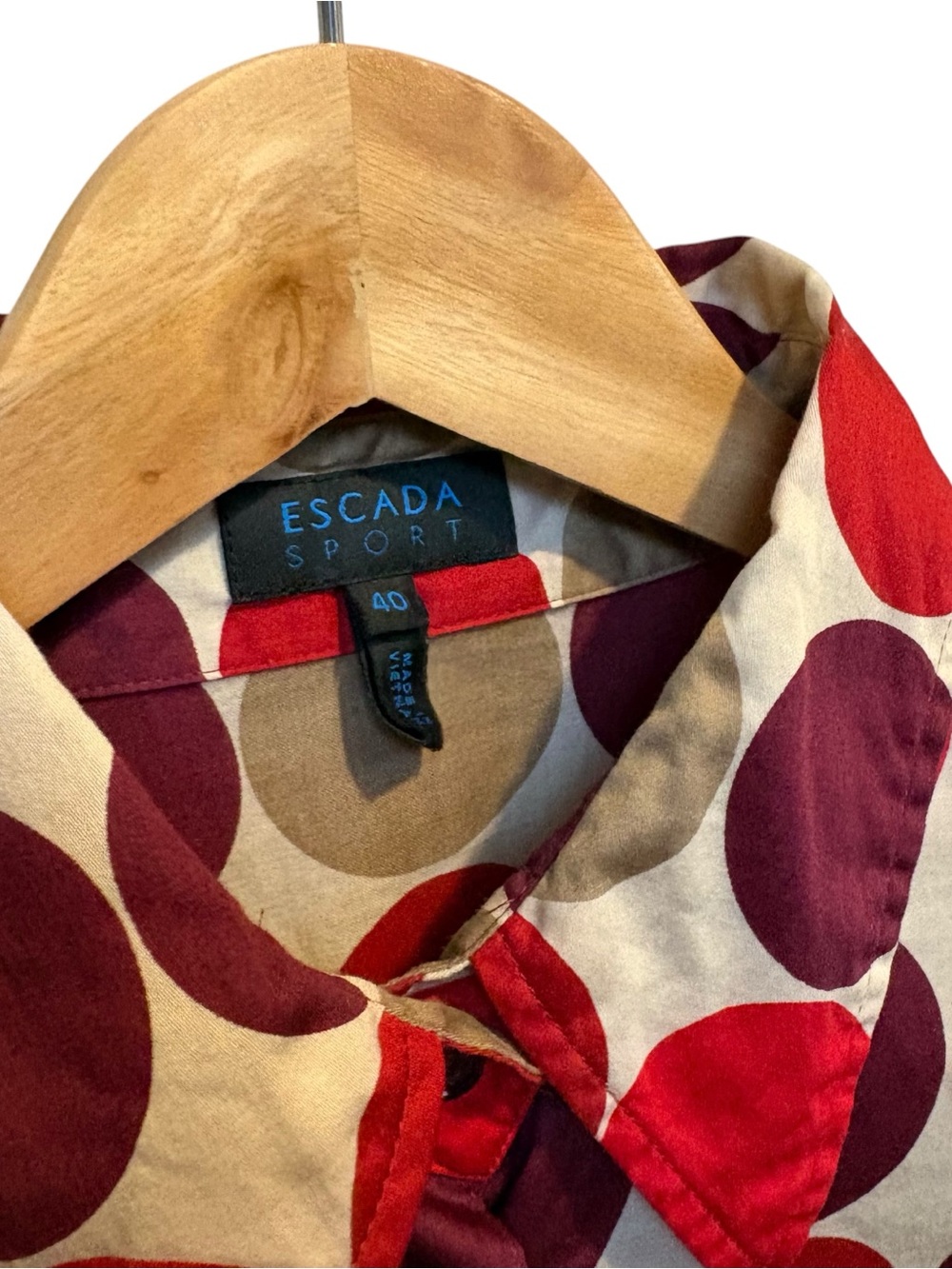 Escada Sport Red Burgundy Tan Polka Dot Button-Down Shirt - Picture 6 of 10